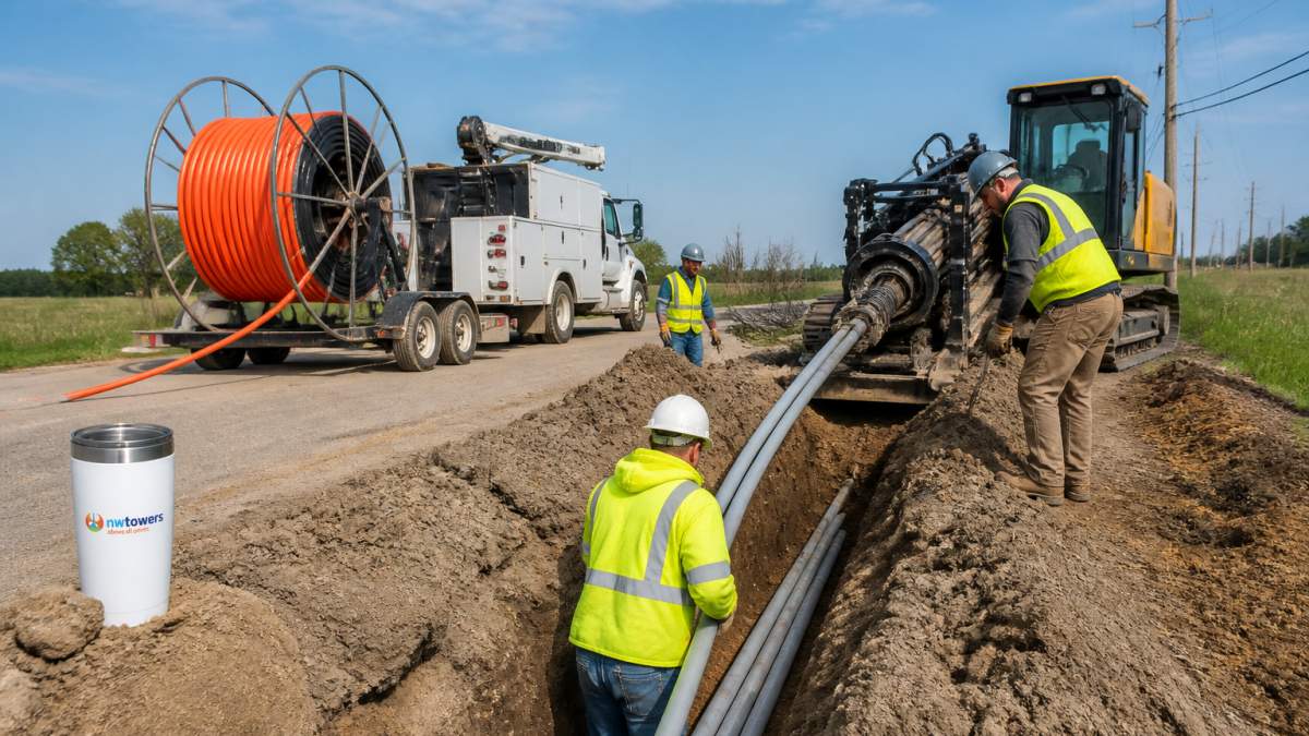 Field crew performing telecommunications construction by guiding conduit into a trench near a drilling rig.