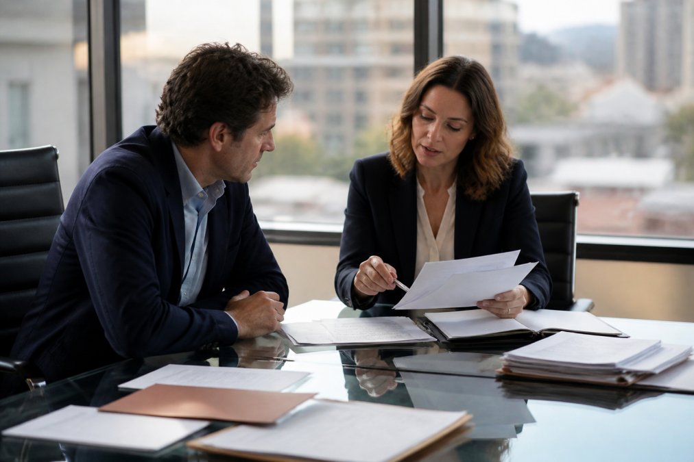 A healthcare attorney reviewing corporate structure documents with a telehealth startup founder in a modern office conference room, papers and laptops spread across a glass table