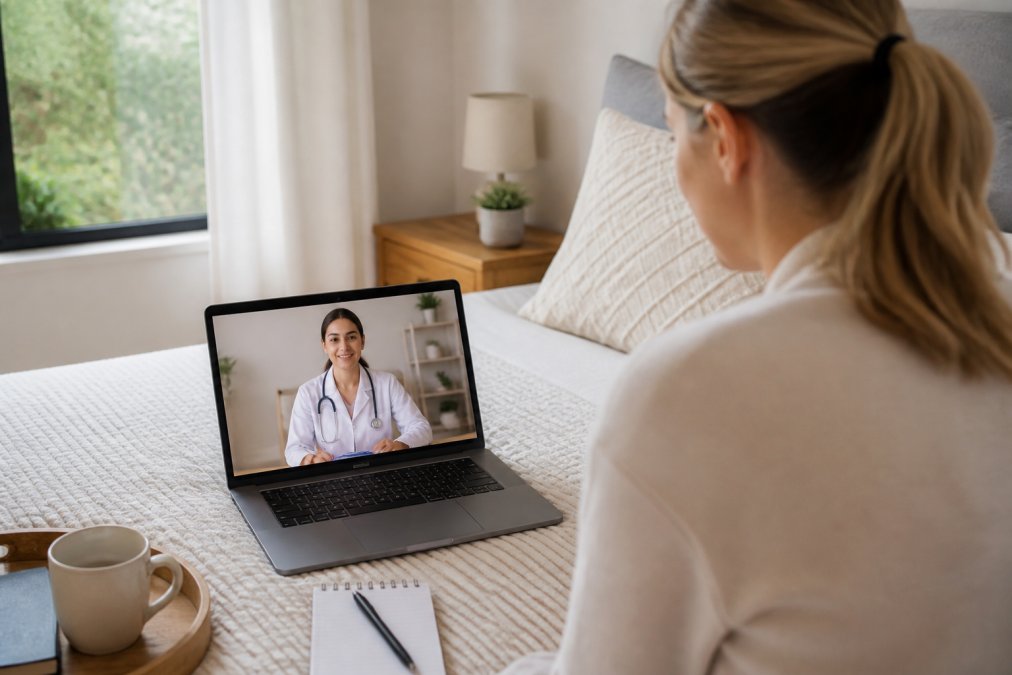 Patient sitting at home on a video call with a healthcare provider visible on a laptop screen in a modern bedroom setting with natural window lighting