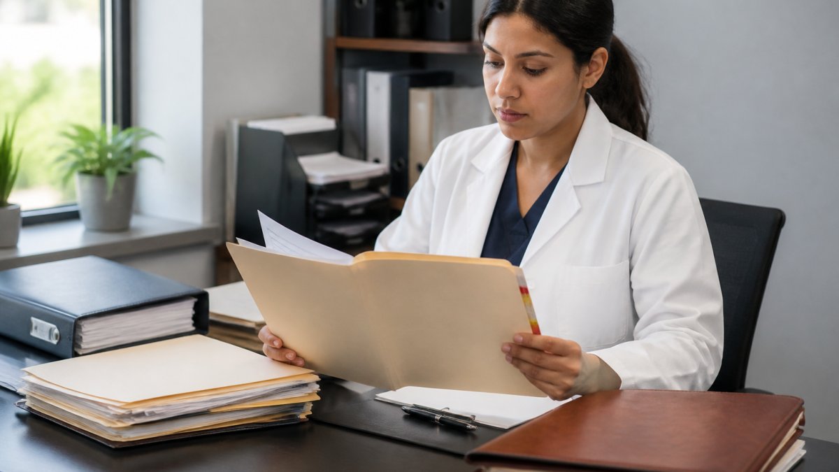 Professional demonstrating secure telehealth documentation review at a modern healthcare practice desk with compliance folders and encrypted devices visible, natural office lighting