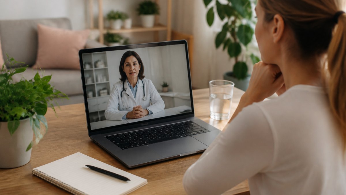 A patient sitting at a home desk with a laptop open to a video call with a doctor, a notepad and water glass nearby, warm natural light