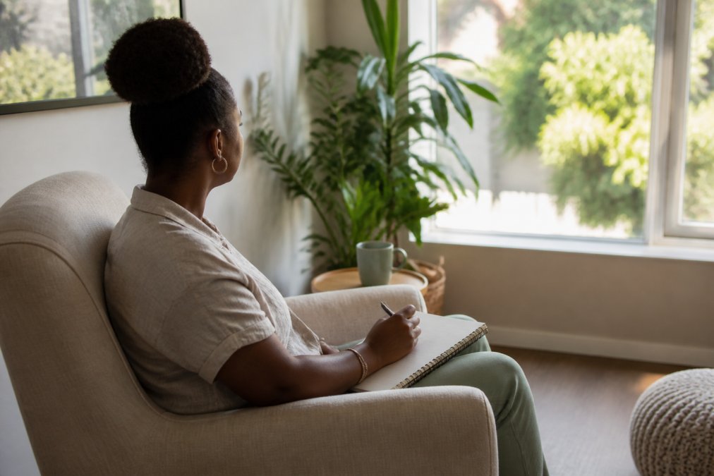 Person sitting comfortably at home on a video call with a mental health provider, relaxed in a chair with a notebook nearby and natural lighting from a window