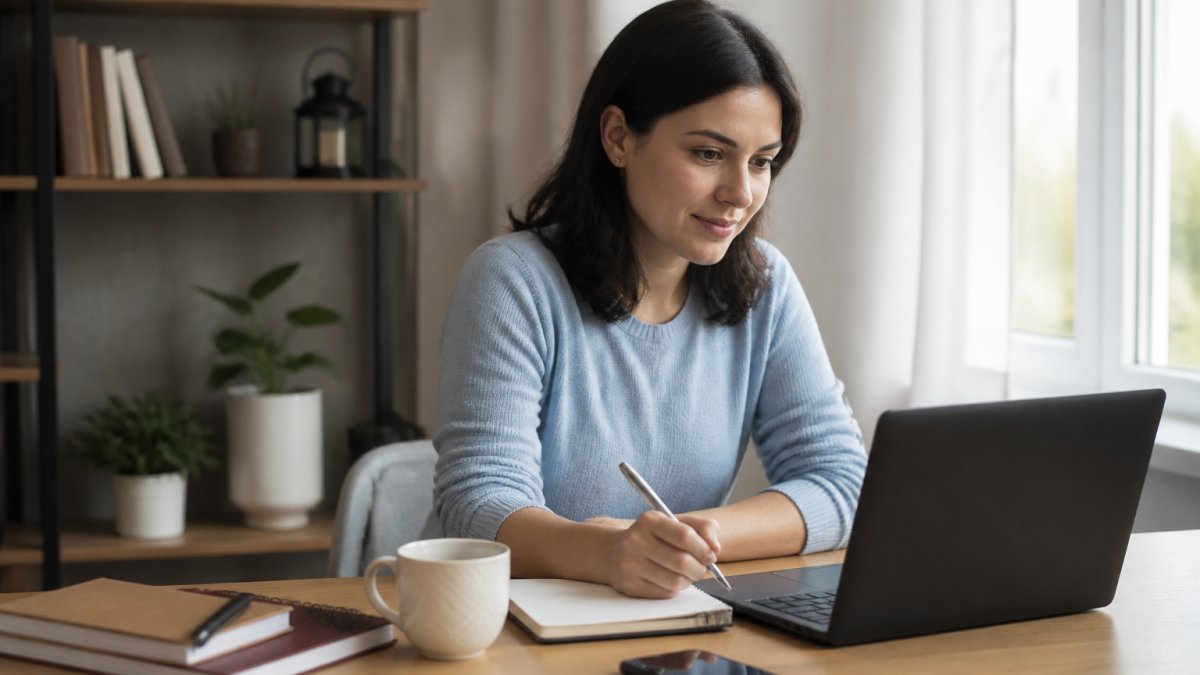 Person sitting at home at a desk with a laptop in a quiet, well-lit room with a cup of tea nearby, preparing for a virtual mental health appointment