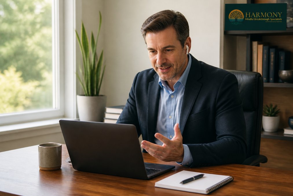 Professional attending a telehealth appointment by laptop from a private office