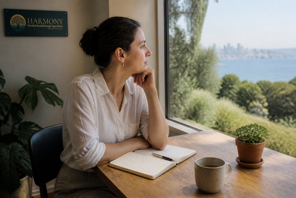 Woman sitting with a notebook and looking out a window in a quiet office setting