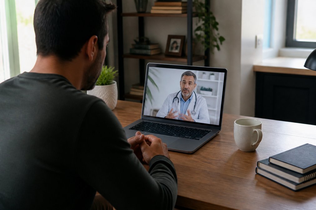 A man sitting at home on a laptop during a video call with a healthcare provider shown on screen, natural daylight from window, professional home office setting