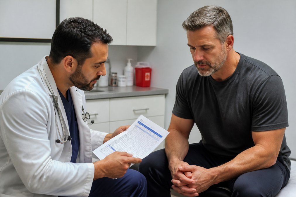 A healthcare professional reviewing lab results and blood work data on a tablet while speaking with a male patient in a clinical setting, professional lighting