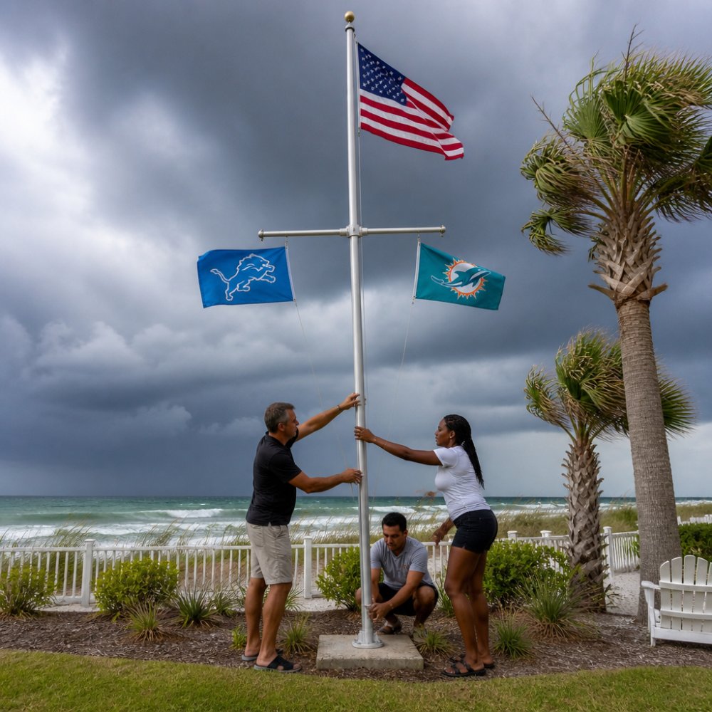 Step-by-step guide on lowering a telescoping flagpole wind rating safely during a storm on a coastal beach.
