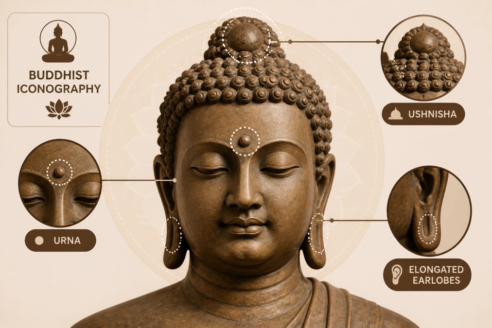 Feature overview showing Close-up photograph of a Buddhist statue showing the ushnisha (cranial bump), urna (forehead mark...