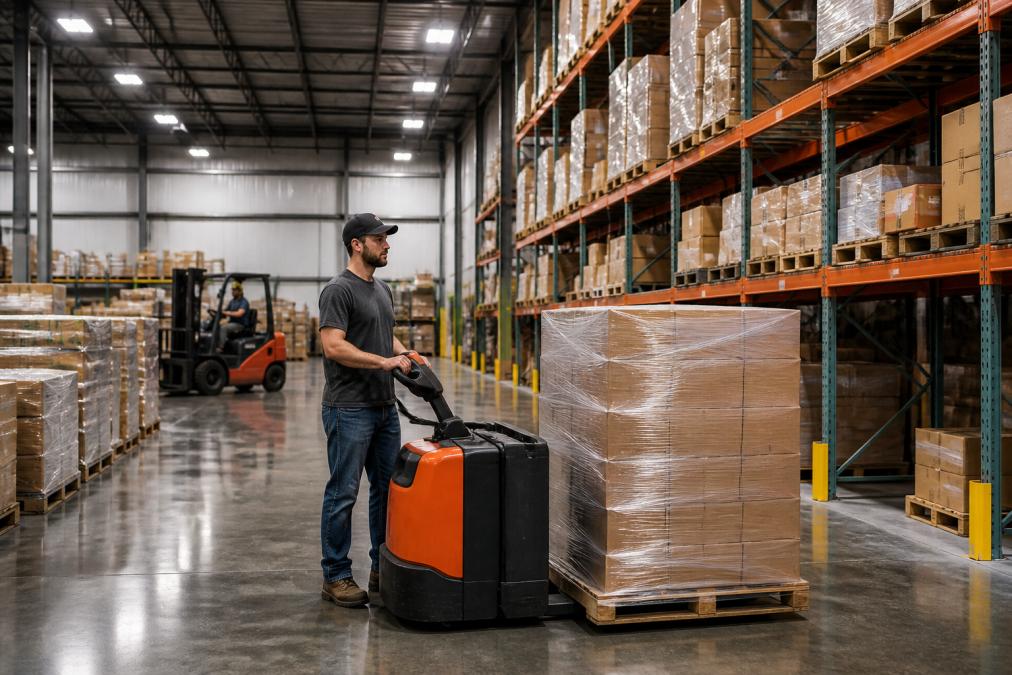 Warehouse associates working at a busy distribution center, moving palletized goods using forklifts and hand trucks, with organized inventory shelving and bright overhead lighting in the background