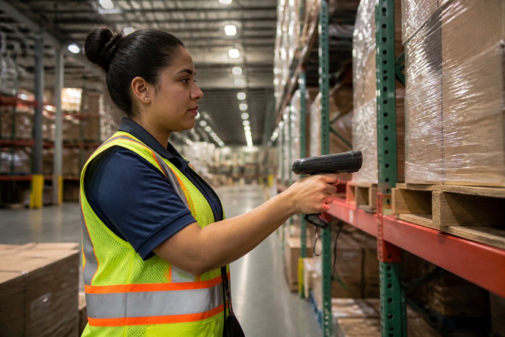 Warehouse associate scanning inventory with a handheld barcode device in a busy distribution center with tall metal shelves and stacked pallets under bright overhead lighting