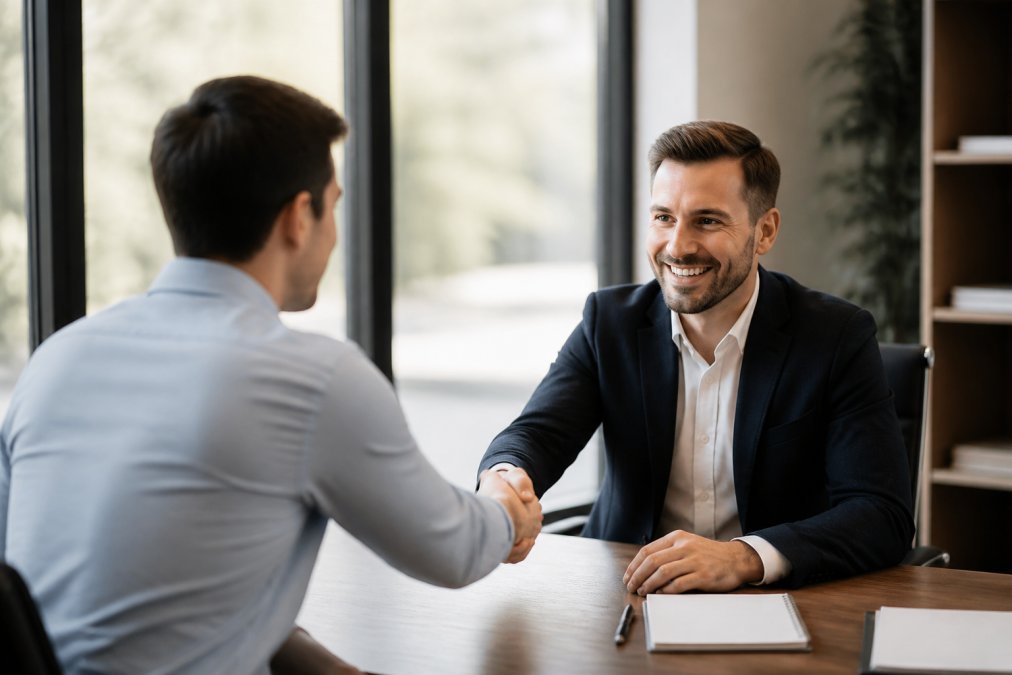 Job applicant shaking hands with a recruiter across a desk in a professional office setting with large windows and natural lighting