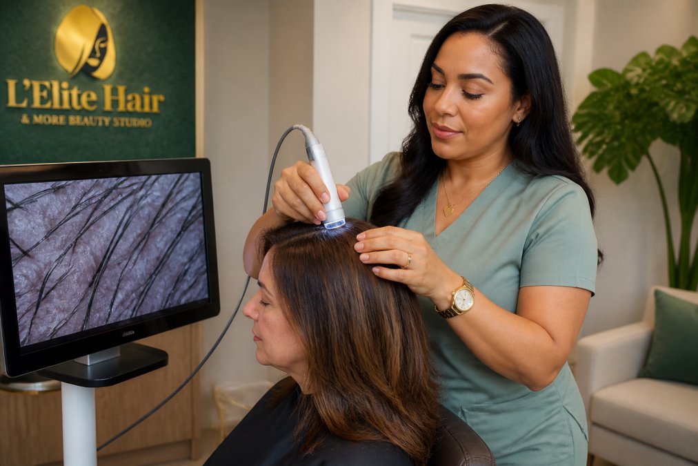 Trichologist using a microscope to diagnose telogen effluvium by analyzing a magnified scalp view on a monitor.