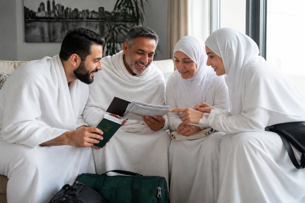 Pèlerins montréalais en tenue d'ihram préparant leur inscription hajj dans un salon lumineux.