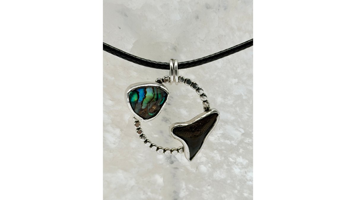 Tempest Halo Necklace | Shark Tooth and Abalone Silver Ring Pendant