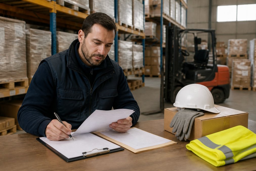 Responsabile logistica che controlla documenti e prepara l'area di lavoro con attrezzature e dispositivi di protezione, scrivania con carta e penna, sfondo di magazzino organizzato
