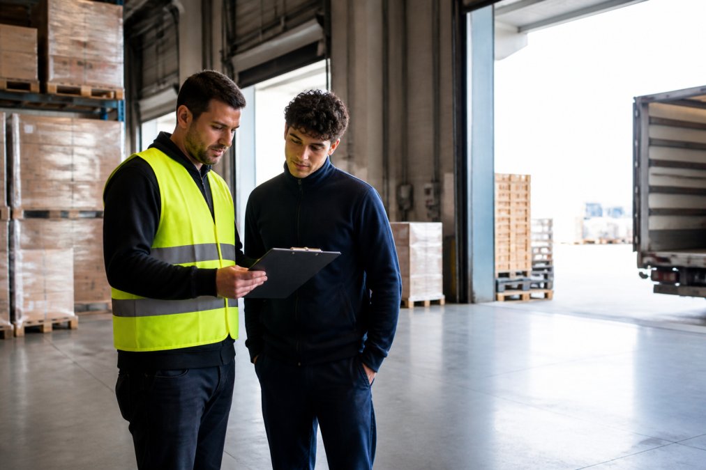 Un responsabile di magazzino in giubbotto ad alta visibilità che esamina una lista su clipboard insieme a un lavoratore temporaneo appena arrivato all'ingresso di un grande magazzino industriale, luce naturale proveniente dalle porte del dock di carico