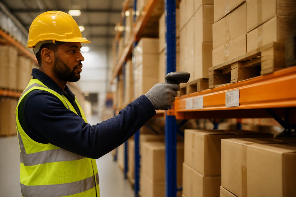 Un lavoratore di magazzino che scansiona un codice a barre su uno scaffale con un lettore portatile, con casco di sicurezza e guanti, scaffalature organizzate visibili sullo sfondo, illuminazione industriale