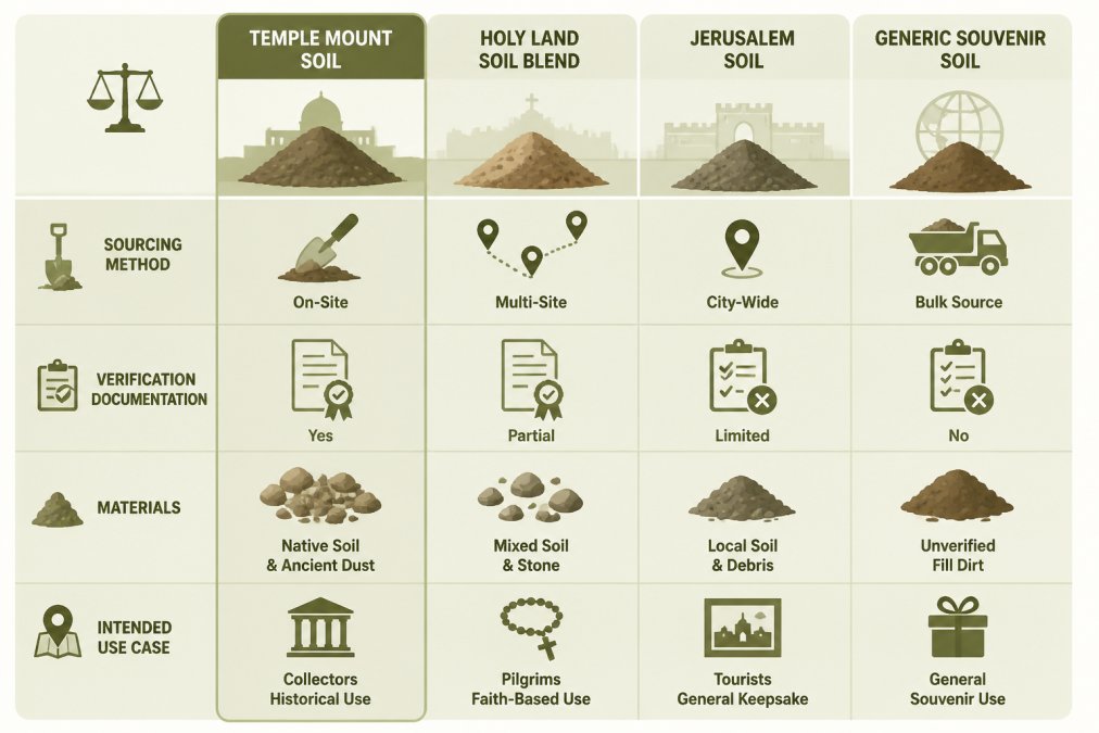 Comparison matrix of destination soil souvenir options across four factors: sourcing method, verification documentation, materials, and intended use case