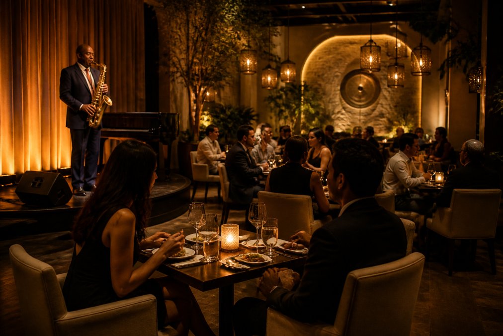 A softly lit upscale restaurant dining room with a solo jazz musician performing on a small elevated stage, guests at candlelit tables enjoying dinner and cocktails in the warm amber background
