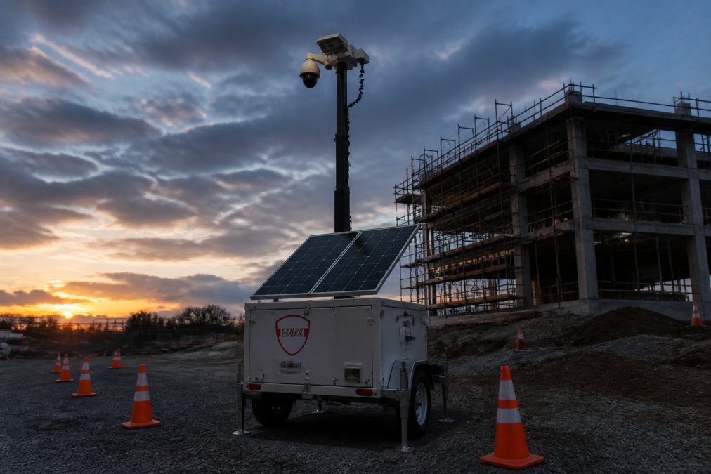 Mobile temporary CCTV tower with solar panels monitoring a construction site at dusk with safety cones nearby.