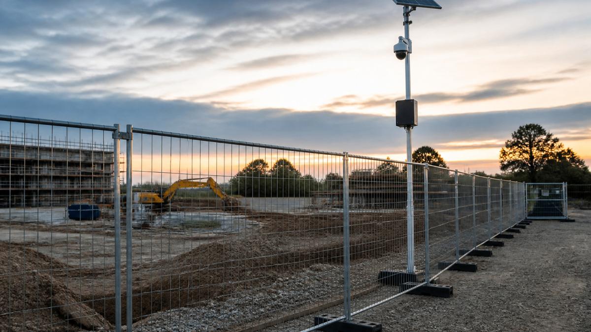 Portable fence and solar camera providing temporary site security at a construction zone during dusk