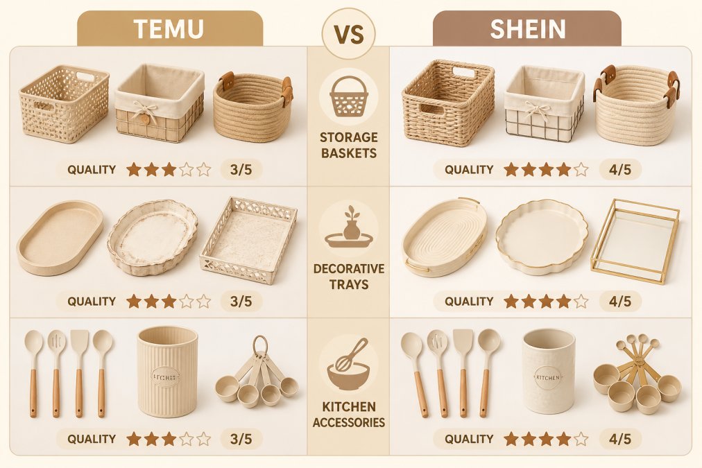 Flat lay of budget home decor items including small woven storage baskets, ceramic decorative trays, and stainless kitchen accessories arranged on a white marble surface with natural window light, showing visible texture and material differences between items