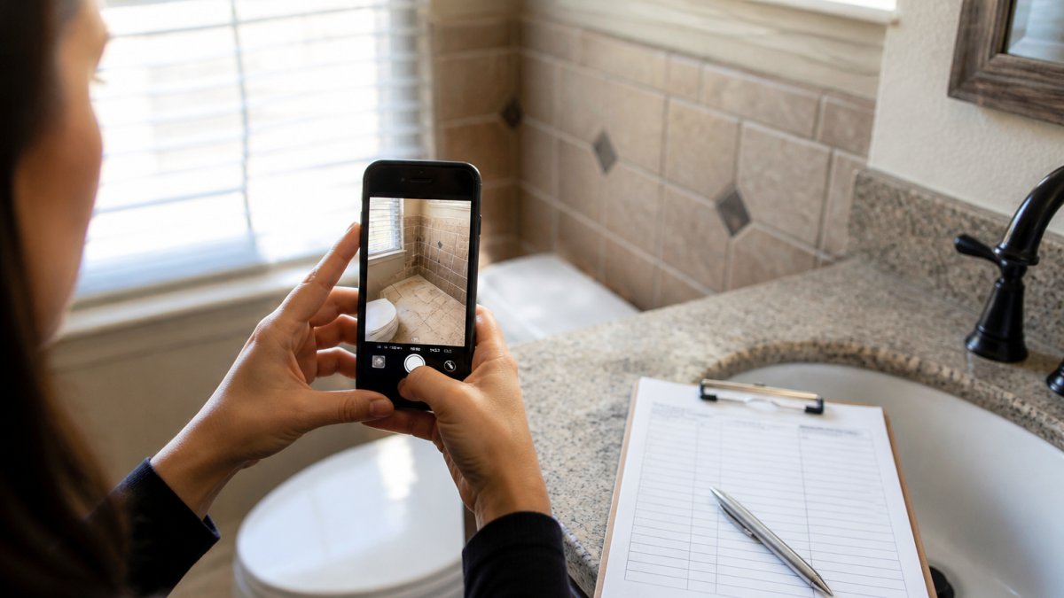 Tenant photographing bathroom tile for a move-in inspection to document grout cleaning needs.