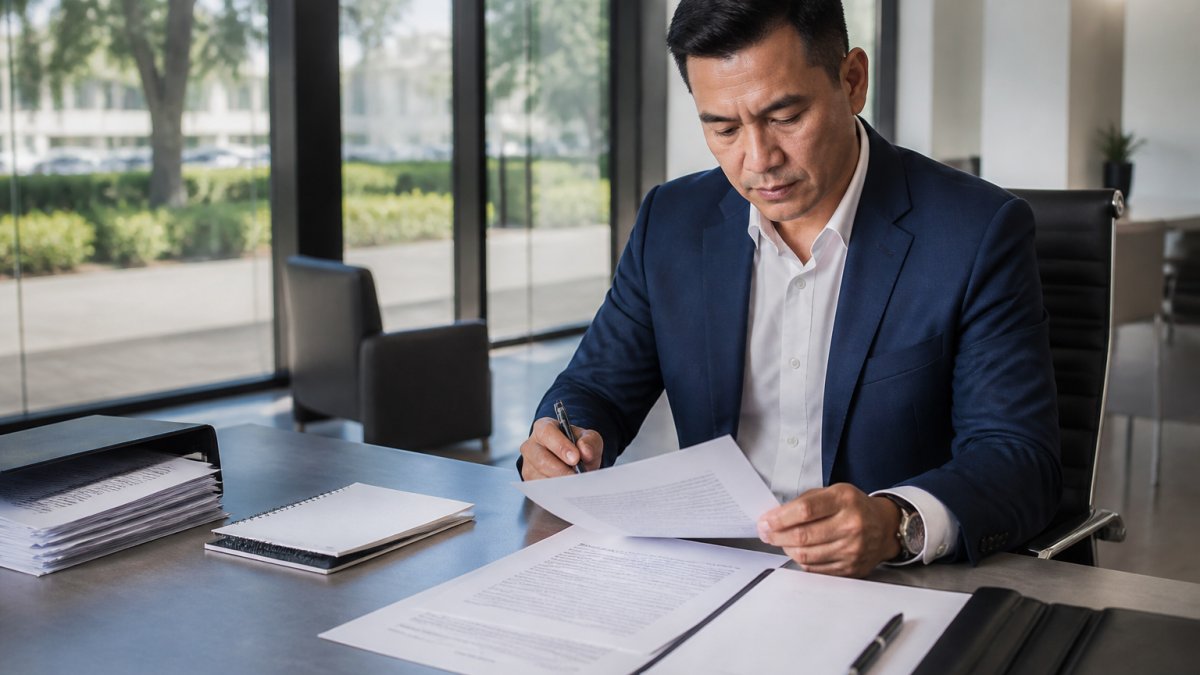 Business professional reviewing documents to negotiate a commercial lease early termination at a desk.