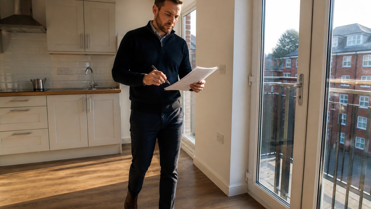 Professional landlord reviewing completed tenant application form with supporting documents on wooden desk, pen in hand, natural office lighting