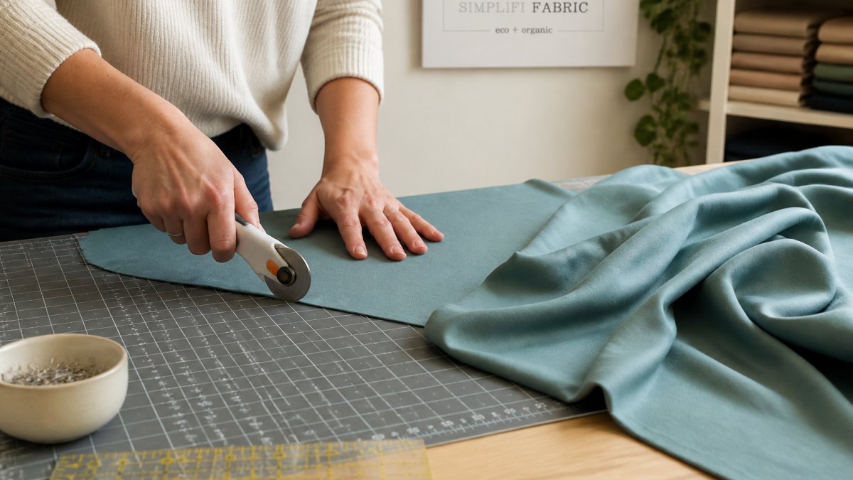 Hands carefully cutting Tencel fabric on a self-healing cutting mat with a sharp rotary cutter, showing proper grainline alignment and the fabric's characteristic drape
