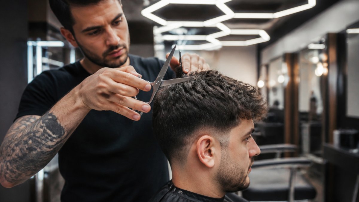 Un barbier réalise une coupe homme texturée aux ciseaux dans un salon moderne du Plateau-Mont-Royal.