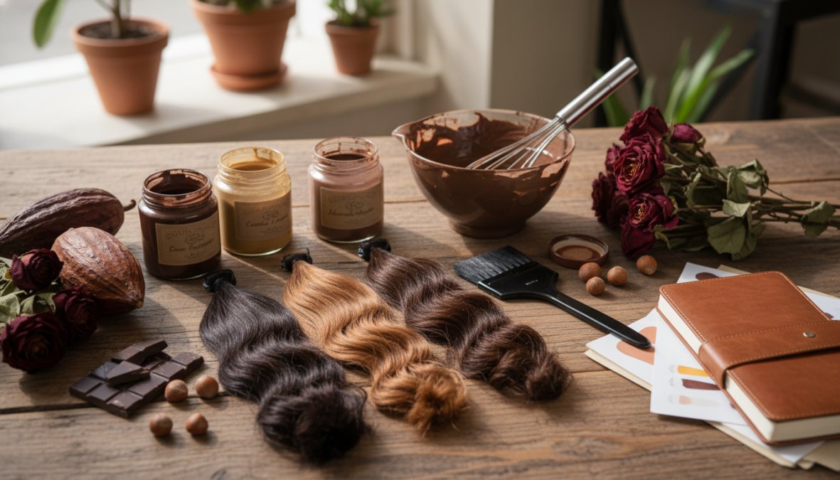 Close-up di una donna con capelli castano cioccolato lucidi e riflessi ambrati caldi visibili sotto una luce naturale soffusa in un salone di parrucchieri moderno con specchi illuminati