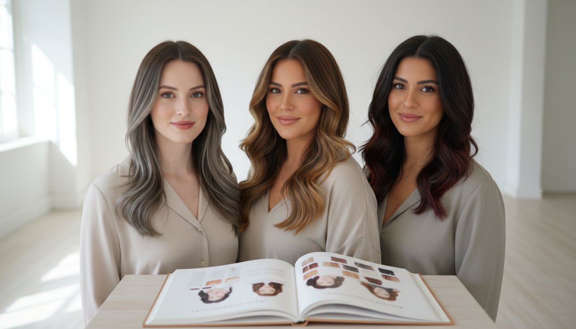 Quattro ritratti affiancati di donne che rappresentano le quattro stagioni armocromiche, ciascuna con la variante di castano cioccolato più armonica al proprio profilo, su sfondo neutro con luce naturale diffusa