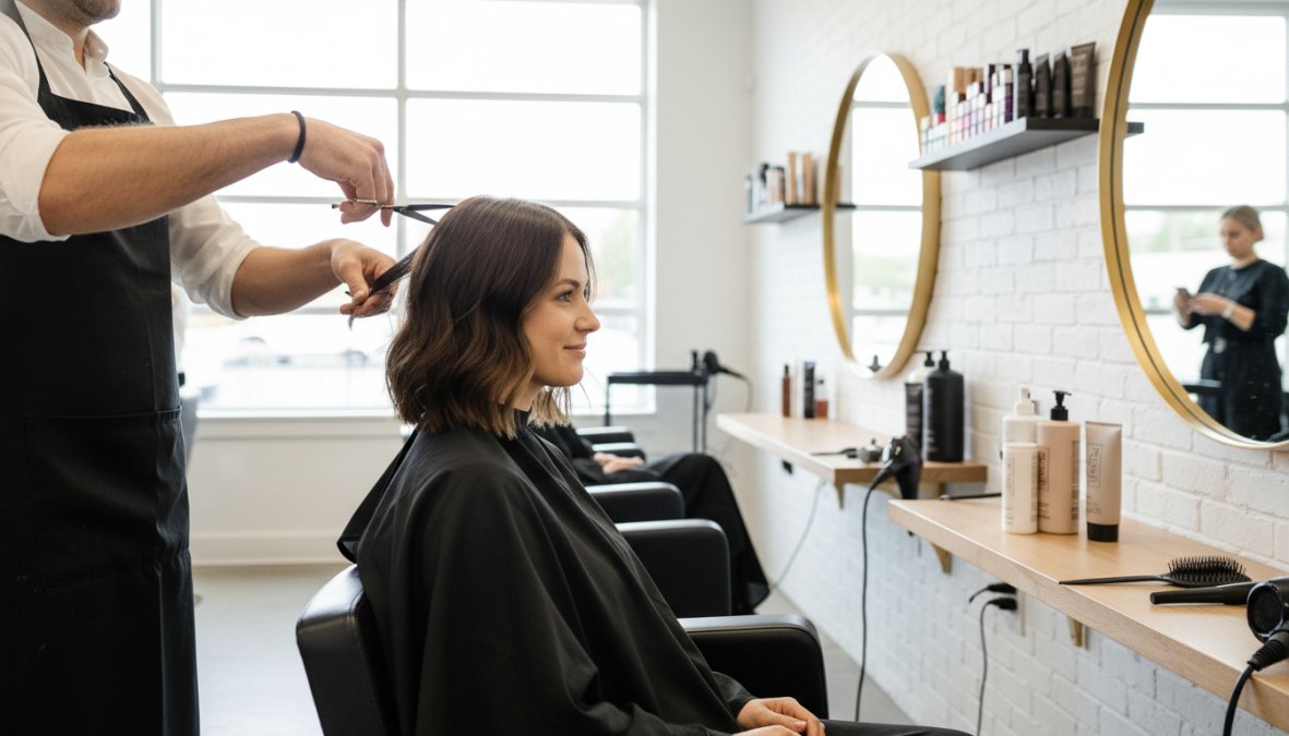 Una donna seduta sulla poltrona di un salone di parrucchiere moderno e luminoso, un hairstylist professionista le sistema il taglio con forbici di precisione, atmosfera professionale con specchi illuminati e arredi minimalisti