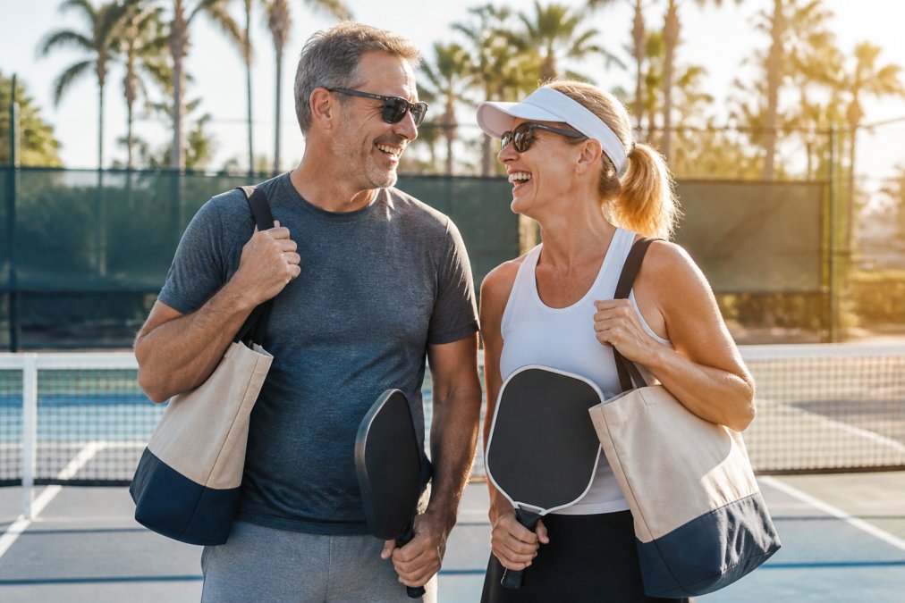 A cheerful couple in their forties standing on a sunlit pickleball court holding matching tote bags, paddles tucked under their arms, laughing together after a match