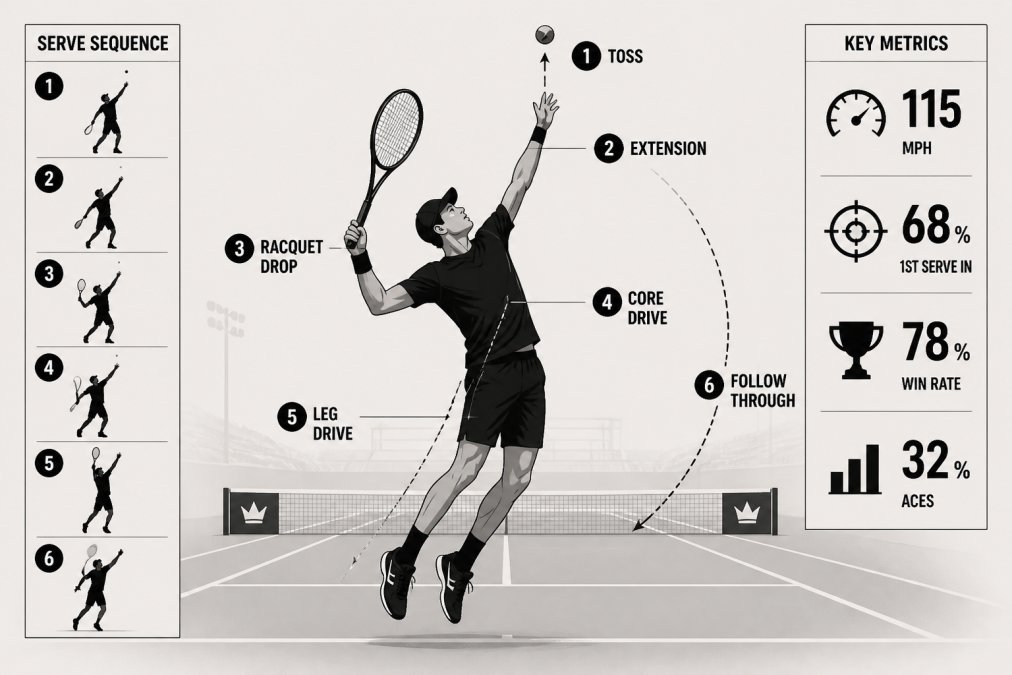 Professional competitive tennis player executing a powerful serve on a professional court, showing proper form with full body extension, arm follow-through, and athletic stance during practice session