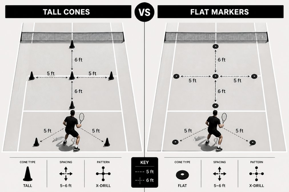 Tennis player demonstrating proper cone placement on court from overhead view, showing multiple cones arranged in precise training patterns with measured spacing, comparing tall cones vs flat markers