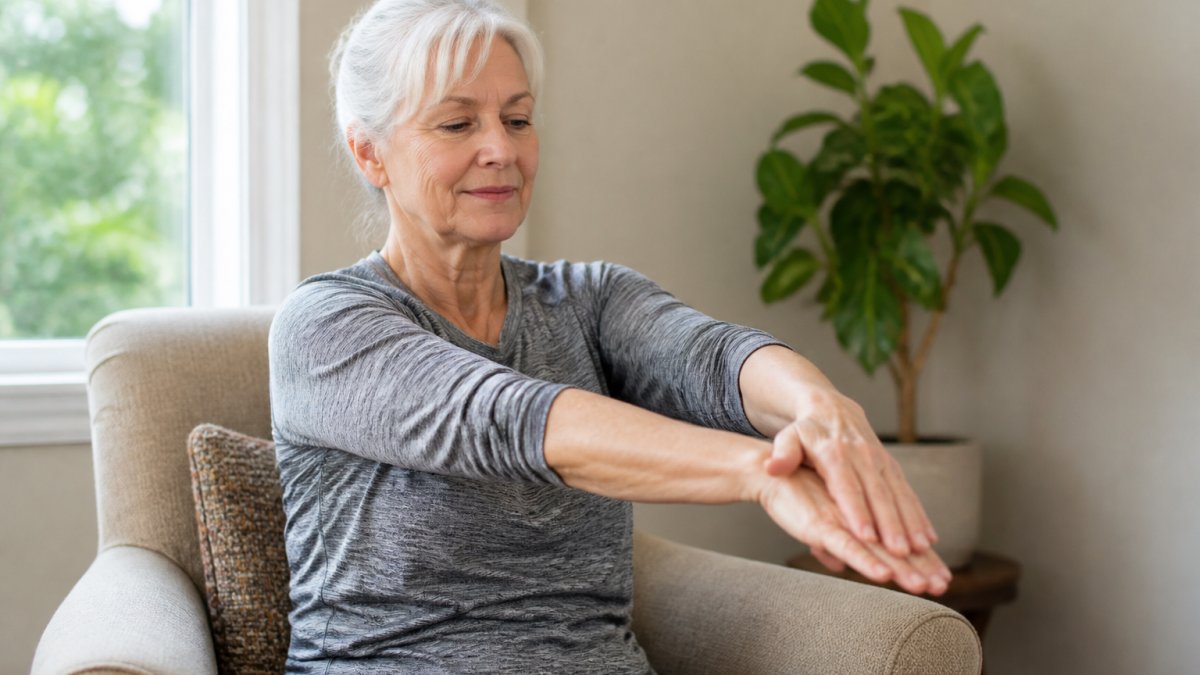 Senior adult seated in comfortable chair, arm extended forward with palm facing down, opposite hand gently pressing the back of the hand downward, relaxed facial expression, natural window lighting