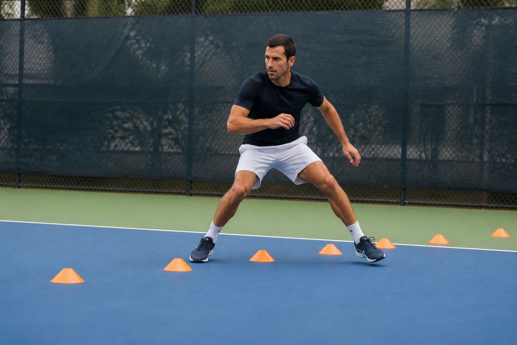 Adult player performing lateral shuffle drill with agility cones set up on tennis court, showing dynamic side-to-side movement with athletic stance and proper knee bend
