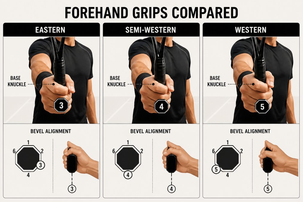 Professional tennis player demonstrating the three forehand grips side-by-side on a racket handle, showing the base knuckle position and bevel alignment for Eastern, Semi-Western, and Western grips with natural sunlight highlighting the hand positioning