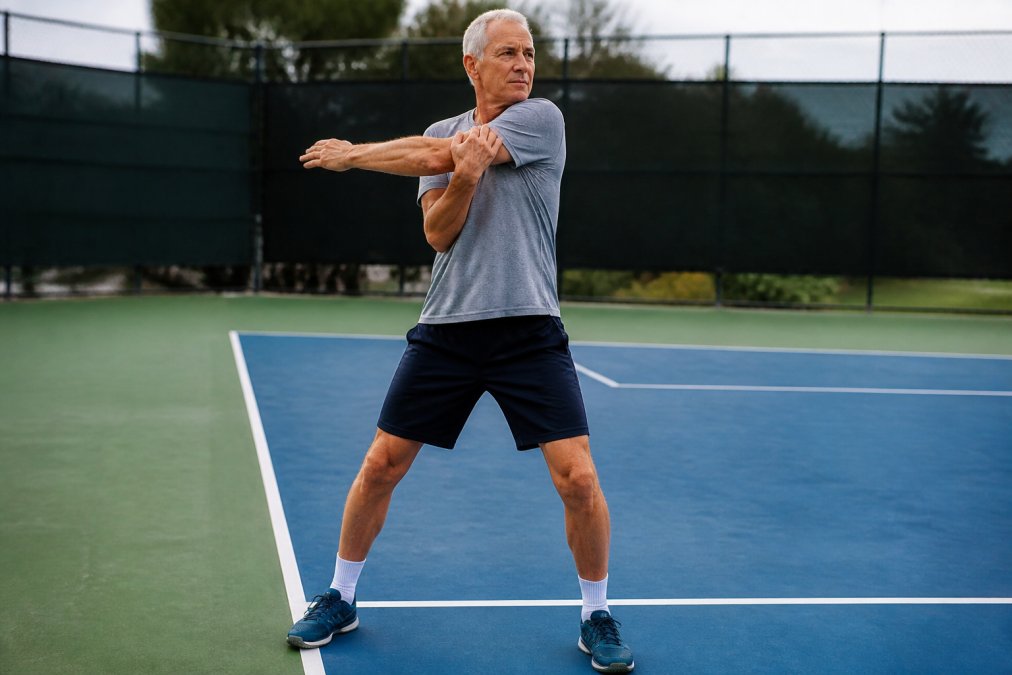Senior male tennis player performing dynamic stretching on a tennis court, reaching arms across body with bent knees, wearing athletic wear and focused expression