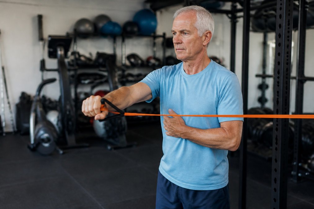 Senior player in gym performing resistance band exercise for rotator cuff strengthening, controlled movement with proper form, focused expression