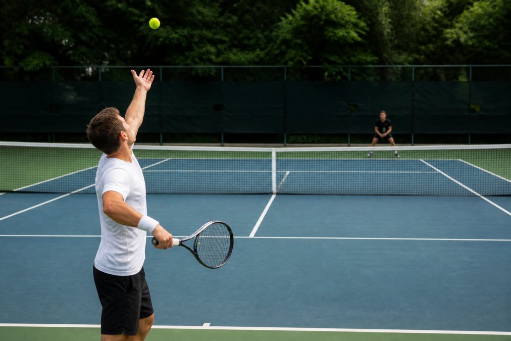A tennis player tosses the ball to execute a serve, a key element of any effective tennis match strategy.