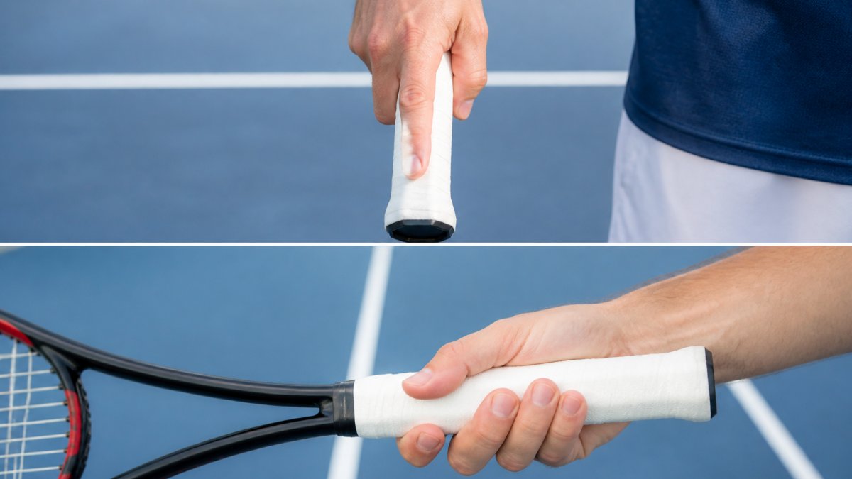 Diagram showing hand placement on a racket for tennis serve grip types, highlighting the Continental grip position.