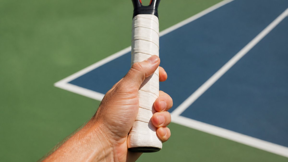 Close-up of a player's hand gripping a tennis racket handle, showing finger placement on different bevels during a serve motion in natural outdoor lighting