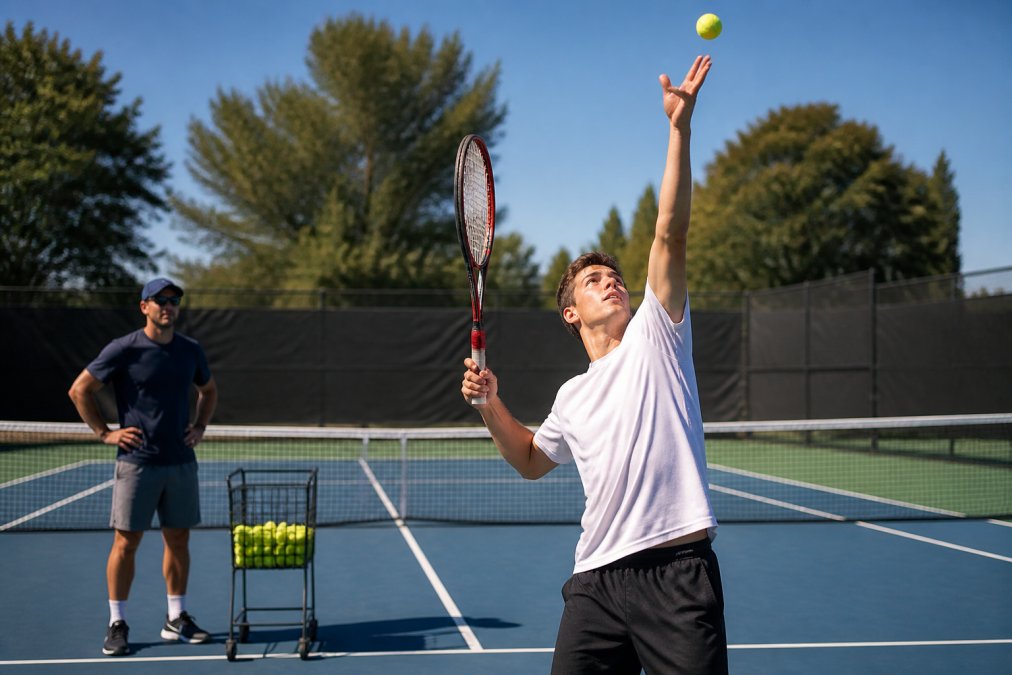 A beginner tennis player practicing a serve toss and shadow swing on an outdoor court, with a coach or partner watching and a basket of balls nearby, bright daylight