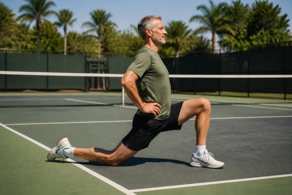 Adult tennis player on an outdoor court performing a dynamic hip flexor stretch with front knee bent and back leg extended, demonstrating full range of motion and proper posture