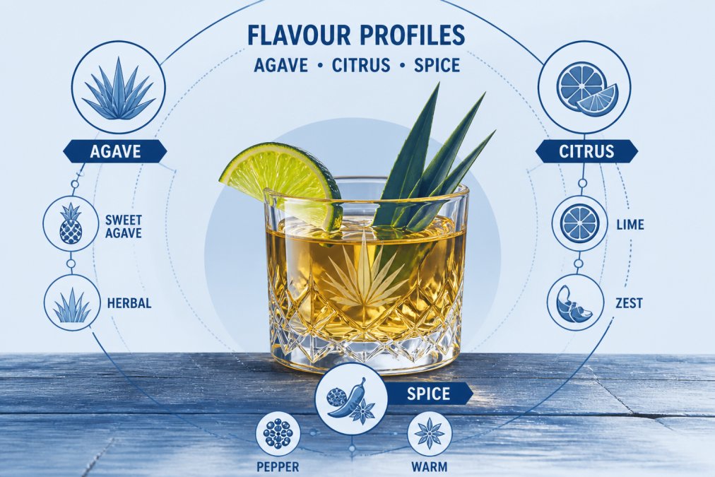 Crystal glass filled with golden amber tequila, garnished with a fresh lime wedge and a sprig of agave plant leaf, sitting on a weathered wooden bar counter with soft warm lighting from above