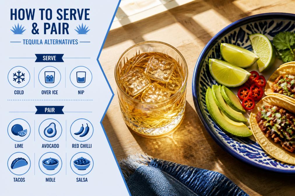 Overhead shot of a golden tequila glass filled with spirit over ice, positioned next to a plate of Mexican-inspired food including fresh lime wedges, sliced avocado, and red chillies, with natural daylight streaming from a window creating warm shadows on a wooden table